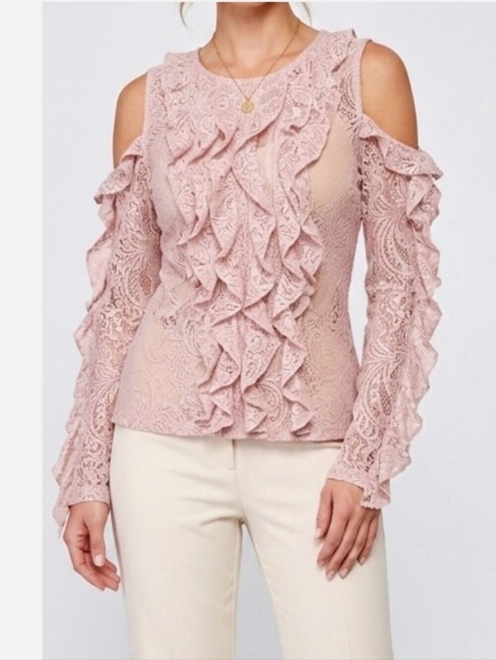 BCBGMaxAzria Maddy Cold Shoulder Lace Top Blush Pink Long Sleeve Sz M